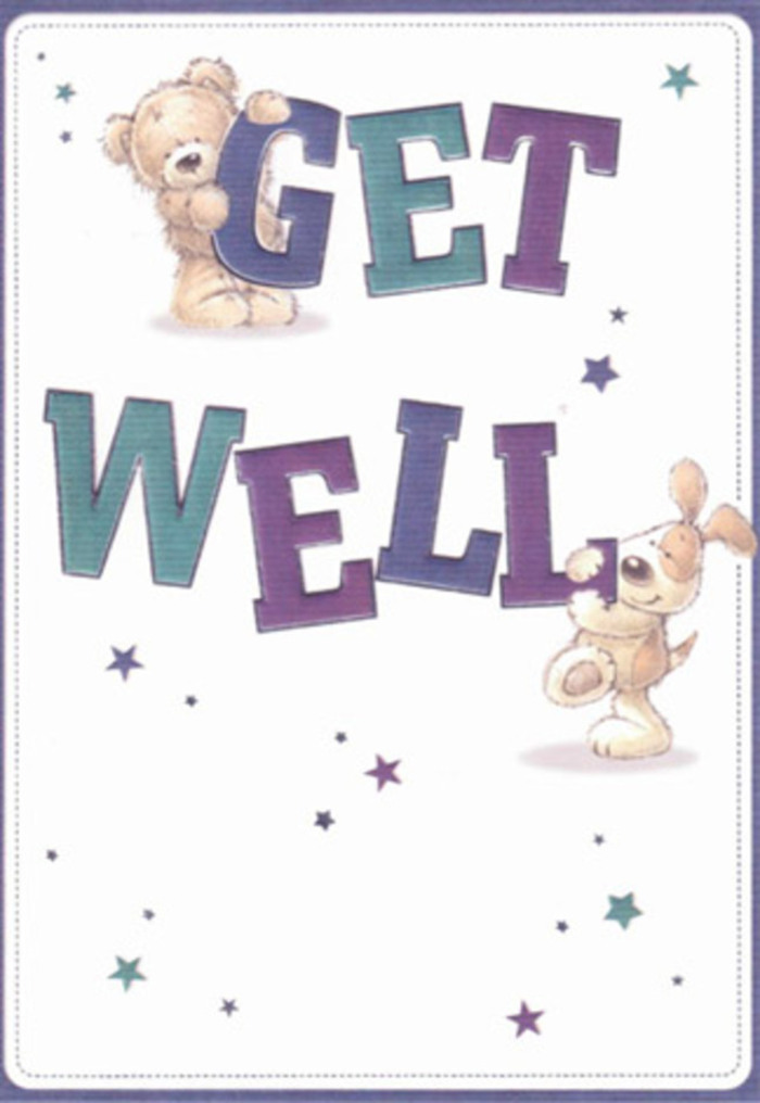 Alive with cheerful optimism, this get well card features a loveable bear and an equally charming puppy, both expertly illustrated to express warmth and gentleness. The scene unfolds against a luminous white backdrop evocative of peaceful walks through St Mary Cray's leafy avenues, inviting a sense of clarity and calm. The bear and puppy, their fur rendered with a distinctively soft, almost three-dimensional texture, interact joyfully with bold, rounded letters shaded in harmonious purples and aquas. Dancing stars, dusted across the composition in various shades of blue and purple, seem to send heartfelt messages skyward-miniature bursts of encouragement reminiscent of wishes made beside the River Cray. The tactile quality of each character, from the plush bear's cuddly shape to the velvety sweep of the puppy's ears, mirrors the inviting touch of a freshly arranged bouquet. This card, like a well-chosen floral gift from your local St Mary Cray florist, is designed not just to convey a message, but to provide soulful comfort and a tangible gesture of care. It's a gentle celebration of recovery, joyfully illustrated to brighten the day of anyone in need of a little extra kindness within our supportive community.